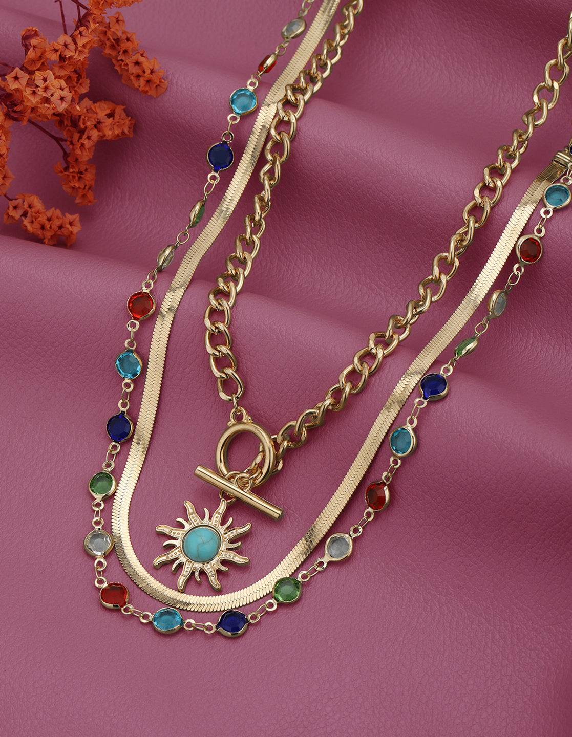Set of 3 Two Toned Plated Multi Colour CZ Multi Pack Necklace