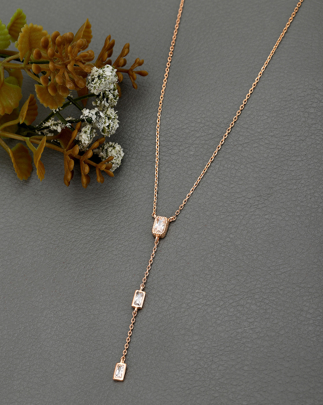 18kt Rose Gold Plated CZ Lariat Necklace