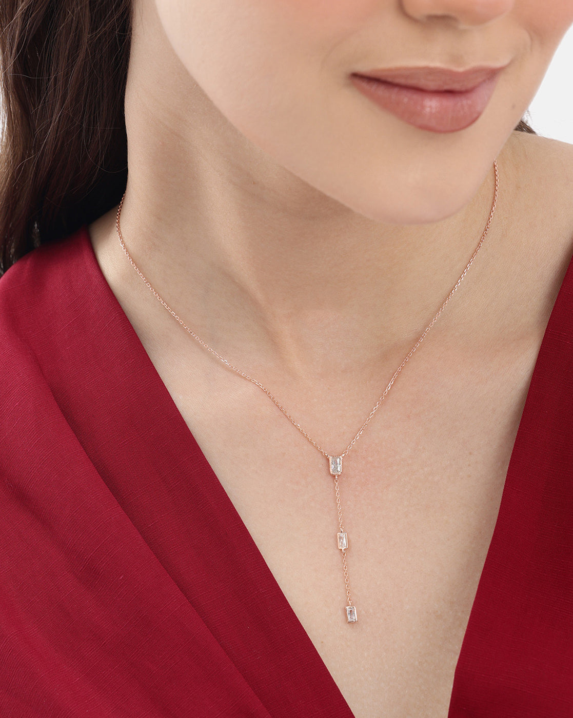 18kt Rose Gold Plated CZ Lariat Necklace