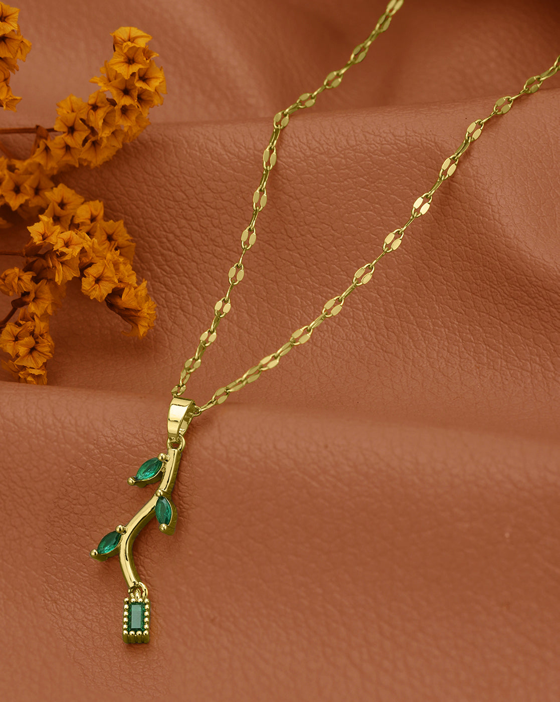 Gold Plated Green CZ Leaf Pendant with Chain