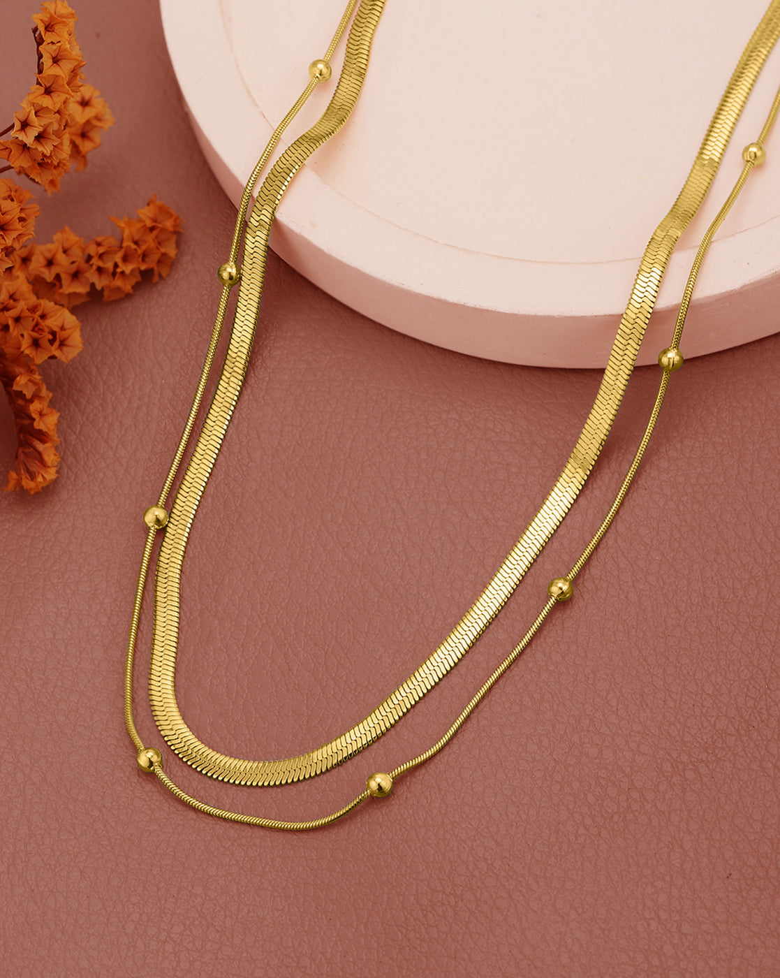 Gold Plated Snake &amp; Delicate Sphere Layered Necklace