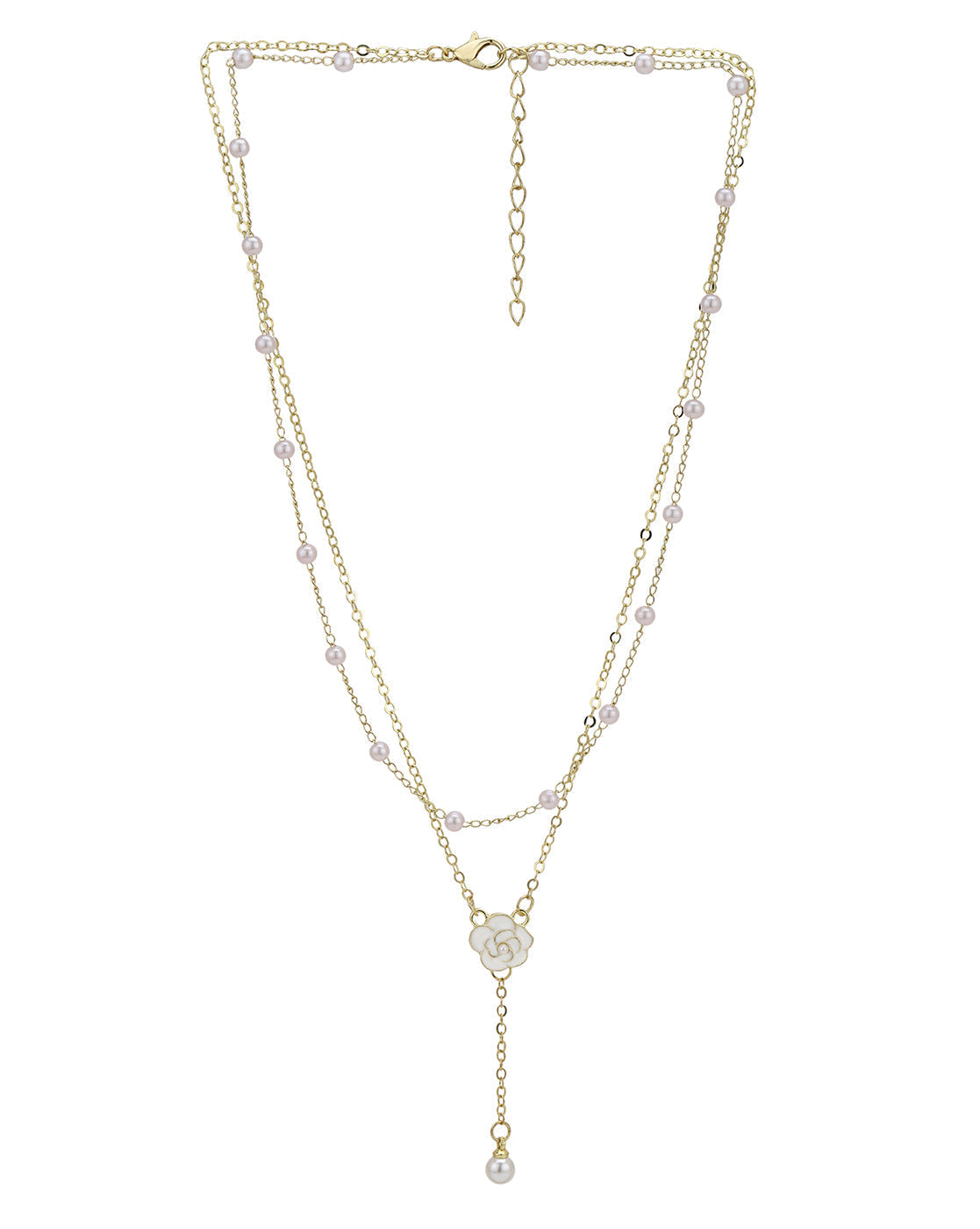 Gold Plated Pearl and Floral Lariat Layered Necklace