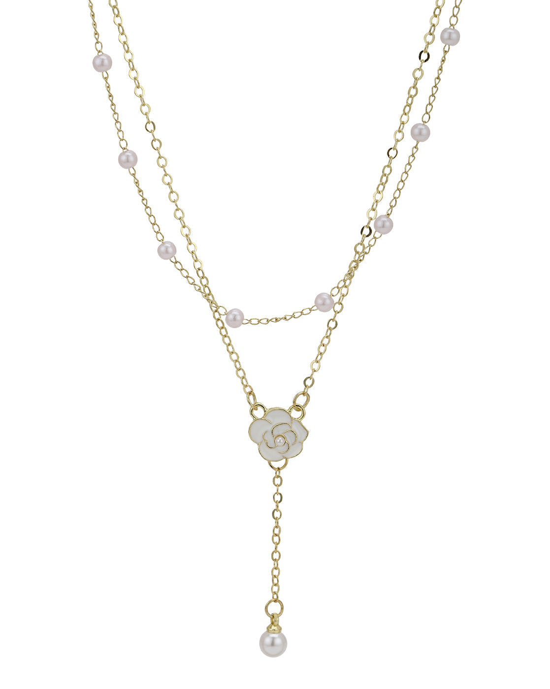 Gold Plated Pearl and Floral Lariat Layered Necklace
