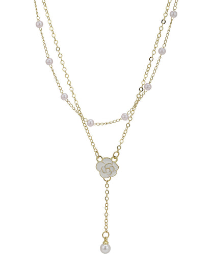 Gold Plated Pearl and Floral Lariat Layered Necklace