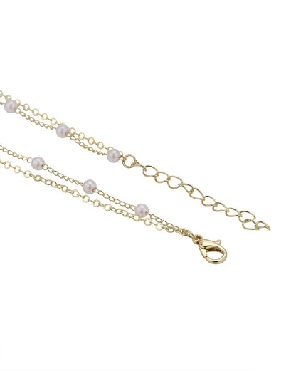 Gold Plated Pearl and Floral Lariat Layered Necklace