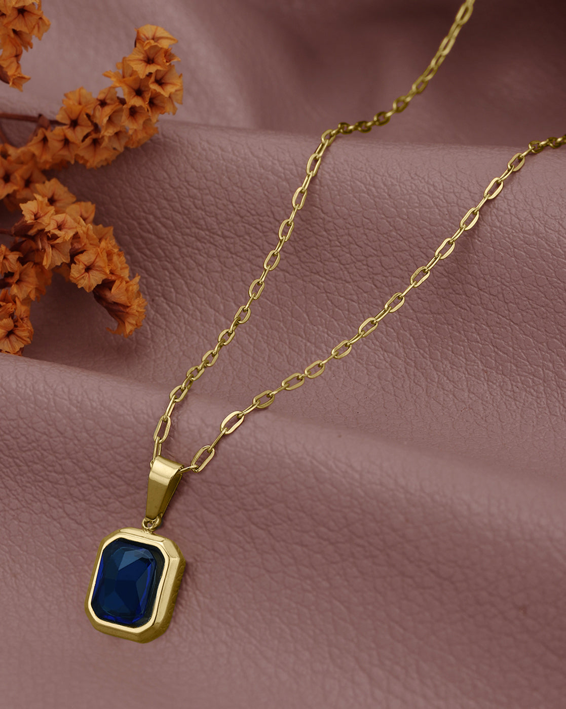 Gold Plated Everyday Blue Crystal Square Pendant and Chain