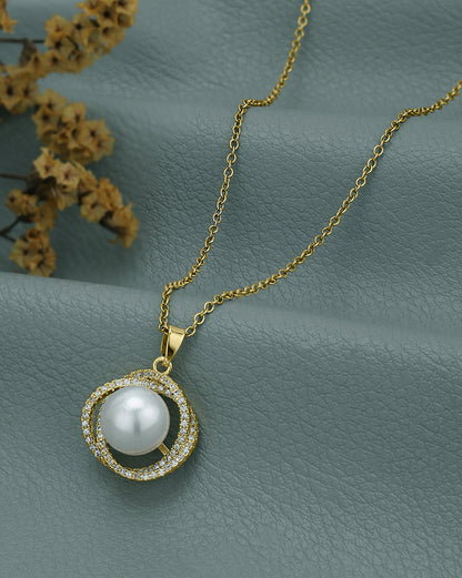 Gold Plated CZ White Pearl Contemporary Pendant and Chain