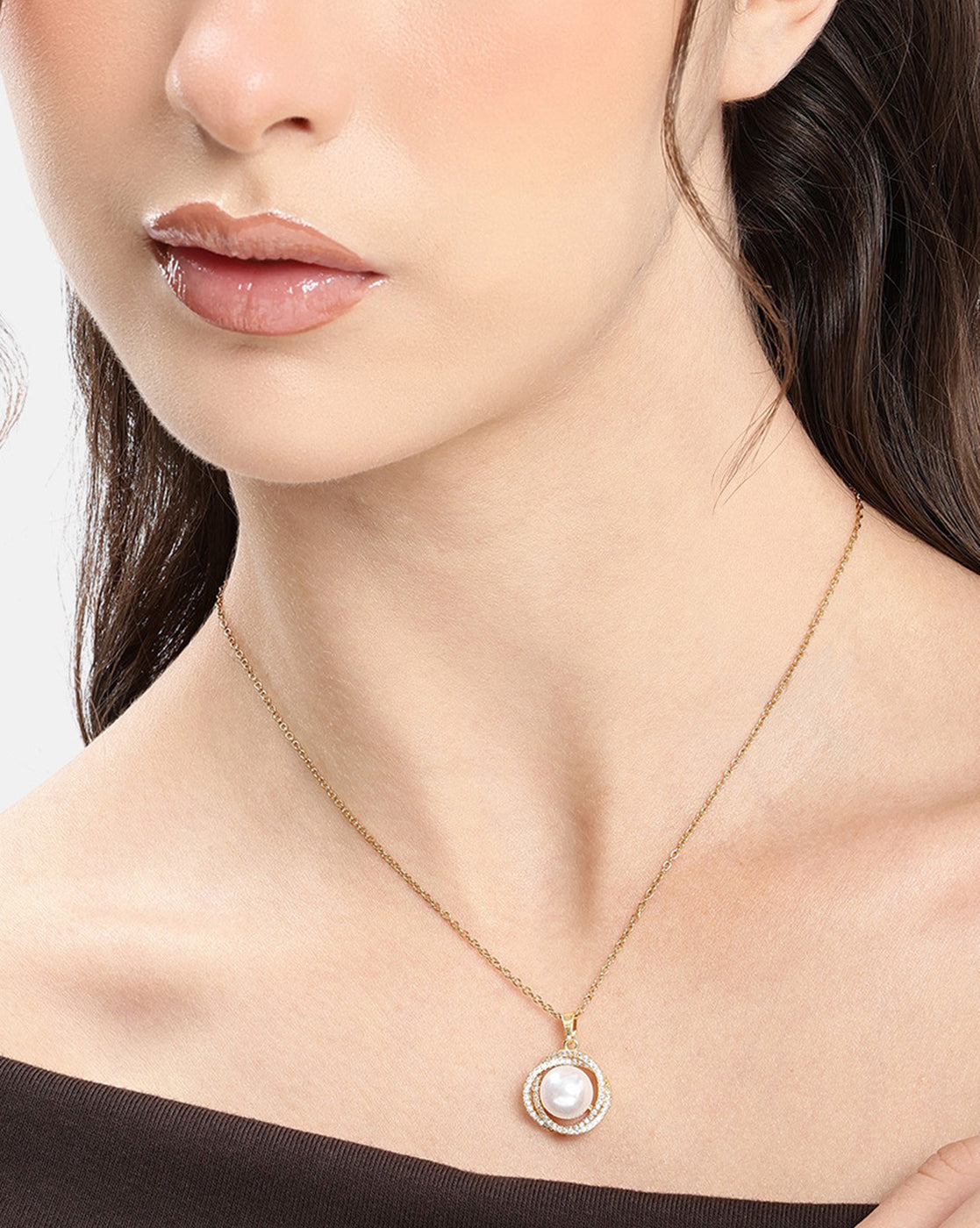 Gold Plated CZ White Pearl Contemporary Pendant and Chain