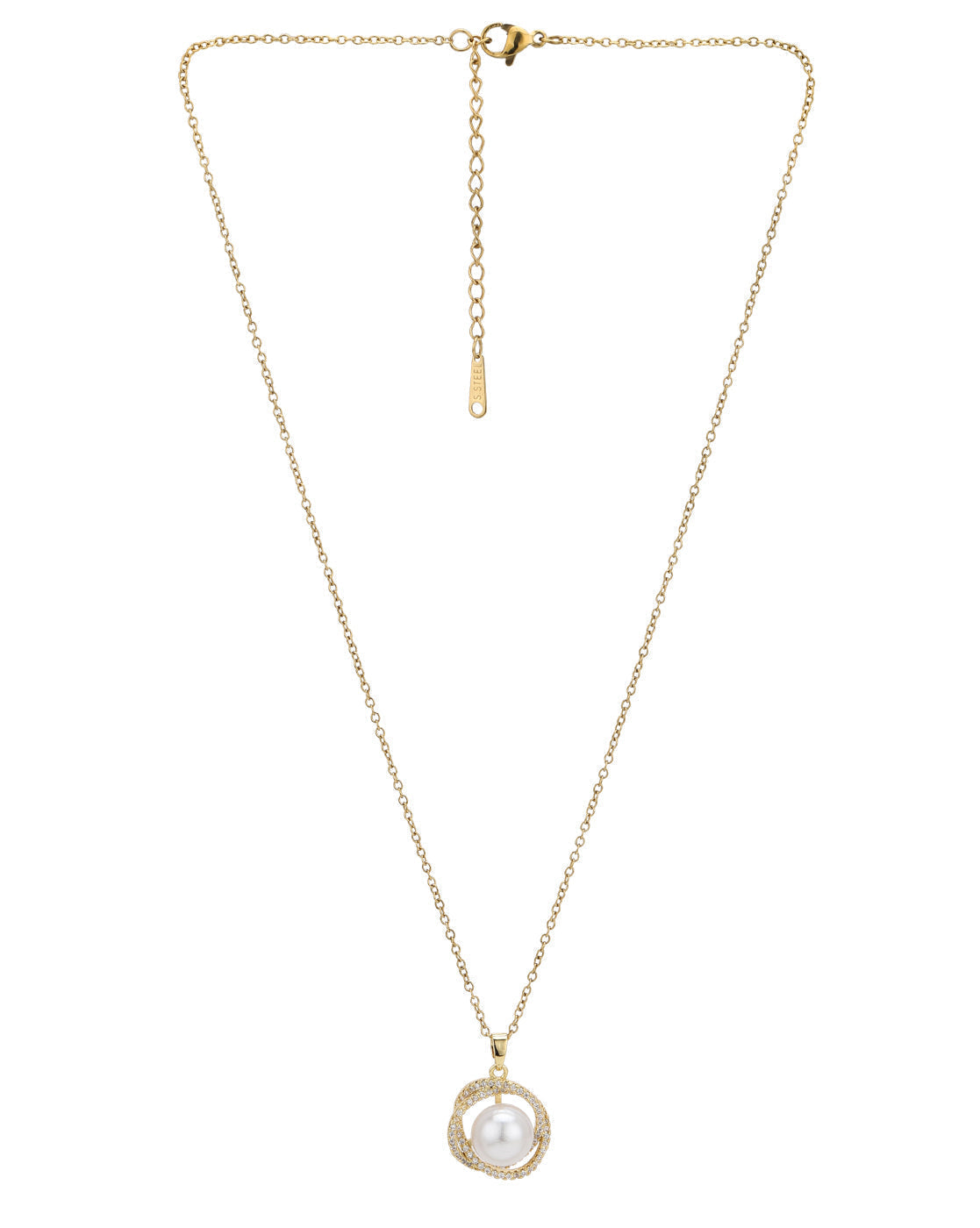 Gold Plated CZ White Pearl Contemporary Pendant and Chain
