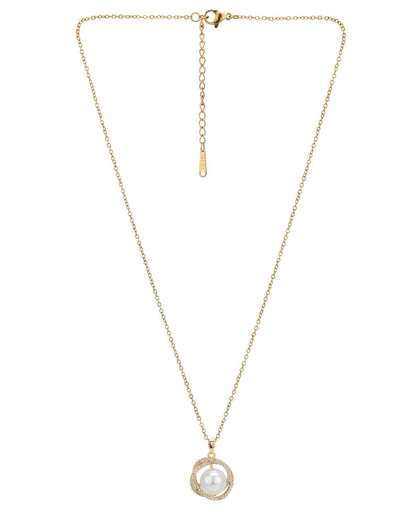 Gold Plated CZ White Pearl Contemporary Pendant and Chain