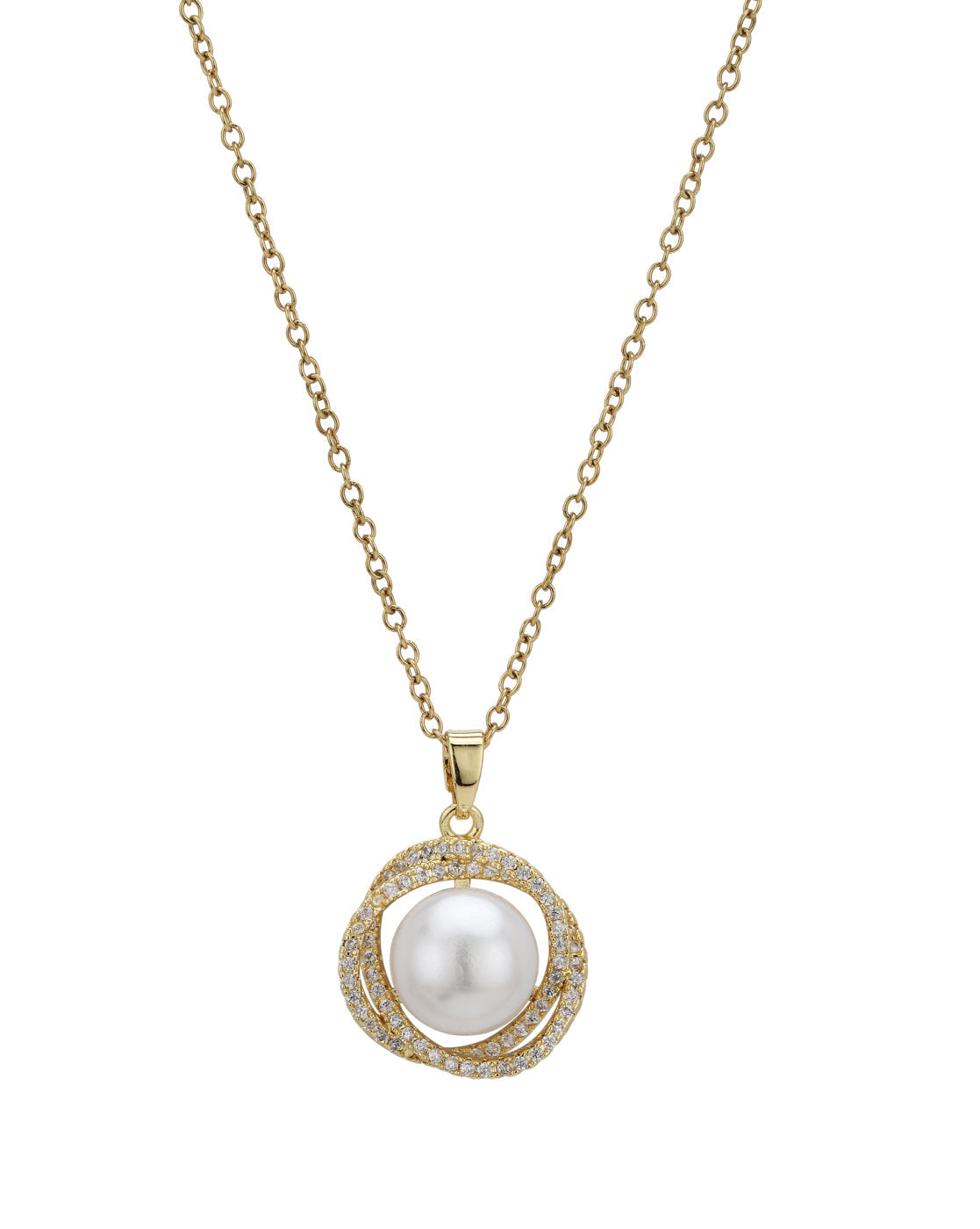 Gold Plated CZ White Pearl Contemporary Pendant and Chain