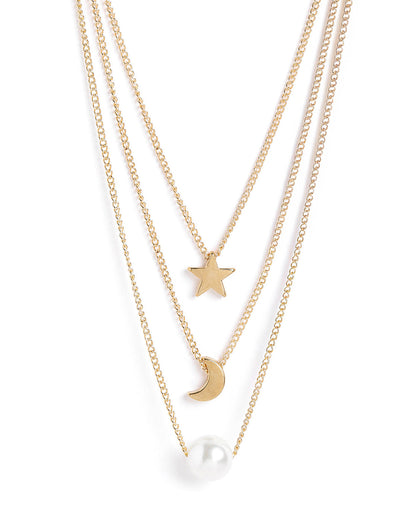 Rose Gold Plated Star Moon &amp; Pearl Pendant Multi Layered Necklace