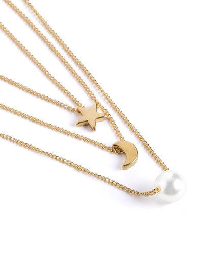 Rose Gold Plated Star Moon &amp; Pearl Pendant Multi Layered Necklace