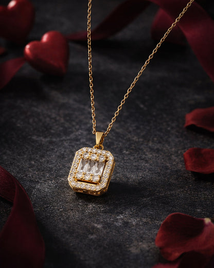 Gold Plated CZ Square Pendant and Chain