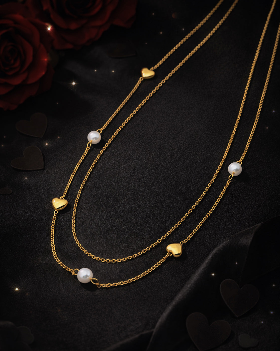 Gold Plated Heart and Pearl Charm Layered Necklace