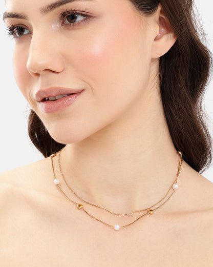 Gold Plated Heart and Pearl Charm Layered Necklace