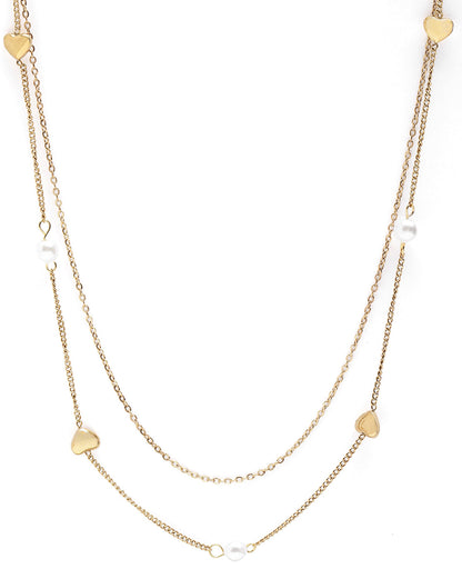 Gold Plated Heart and Pearl Charm Layered Necklace
