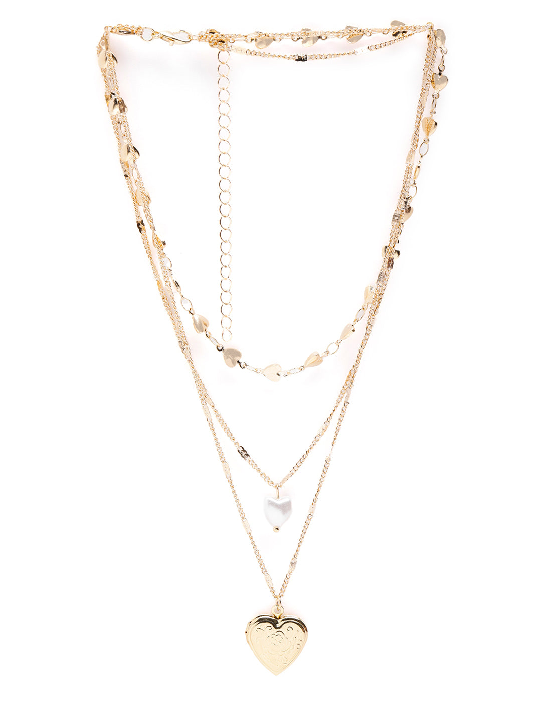 Rose Gold Plated Pearl Dangling Openable Heart Layered Necklace