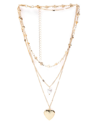 Rose Gold Plated Pearl Dangling Openable Heart Layered Necklace