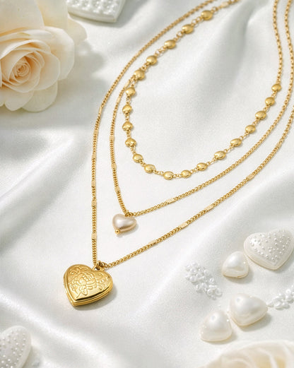 Rose Gold Plated Pearl Dangling Openable Heart Layered Necklace