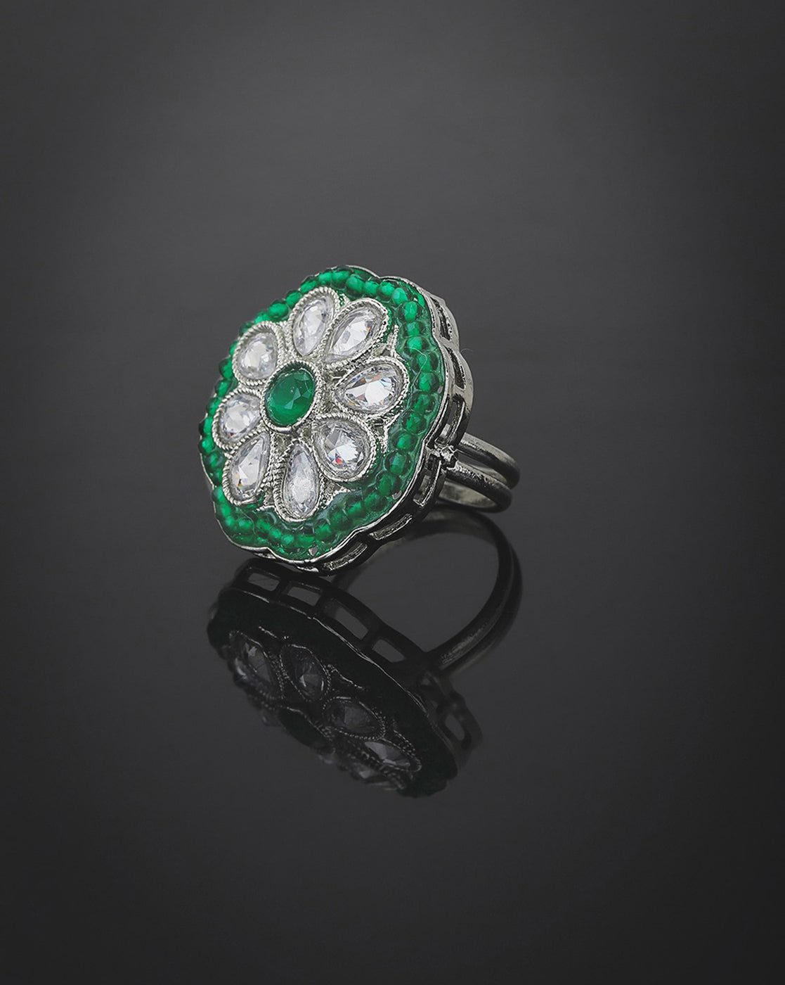 Silver Plated Kundan Adjustable Ring For Women