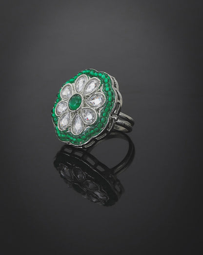 Silver Plated Kundan Adjustable Ring For Women