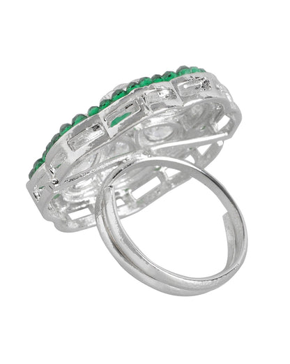 Silver Plated Kundan Adjustable Ring For Women