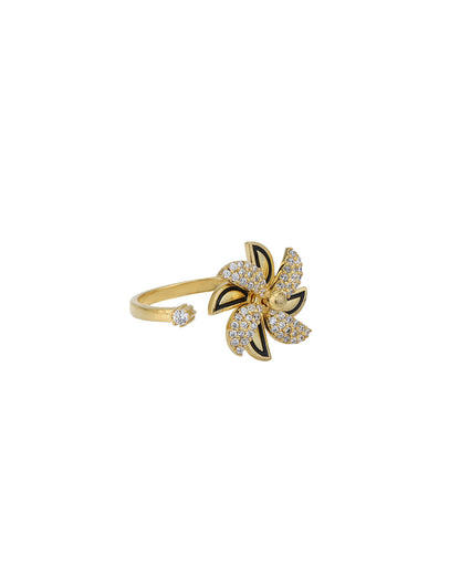 18kt Gold Plated &amp; CZ Floral with Enamel Adjustable Finger Ring