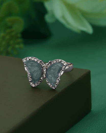 Silver Plated Glass Bead Butterfly Adjustable Ring