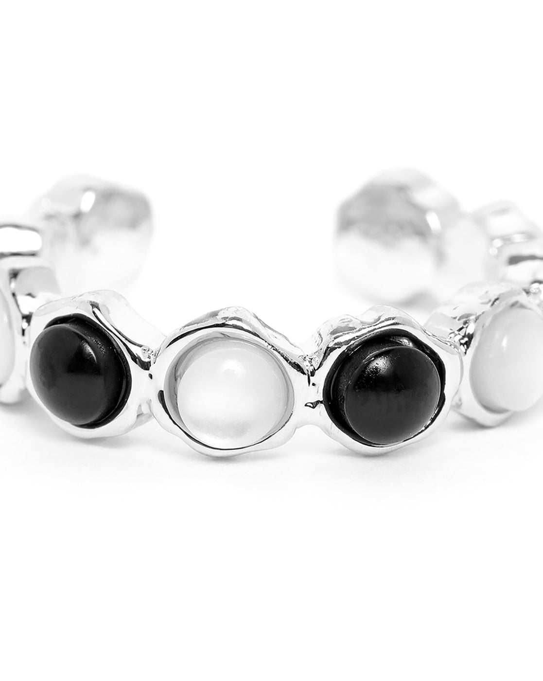 Silver Plated White and Black Fancy Bead Adjustable Band Ring