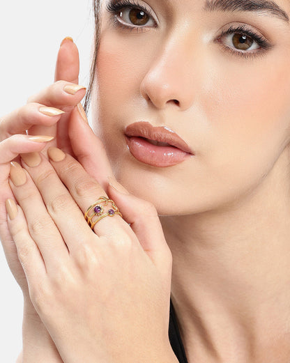 Gold Plated Multi Layered Blue Glass Bead Moon and Star Adjustable Ring