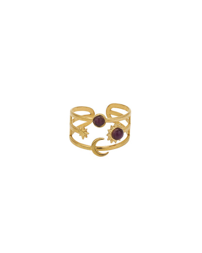Gold Plated Multi Layered Blue Glass Bead Moon and Star Adjustable Ring