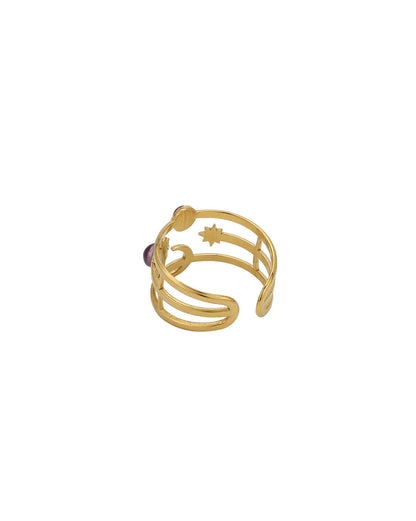Gold Plated Multi Layered Blue Glass Bead Moon and Star Adjustable Ring