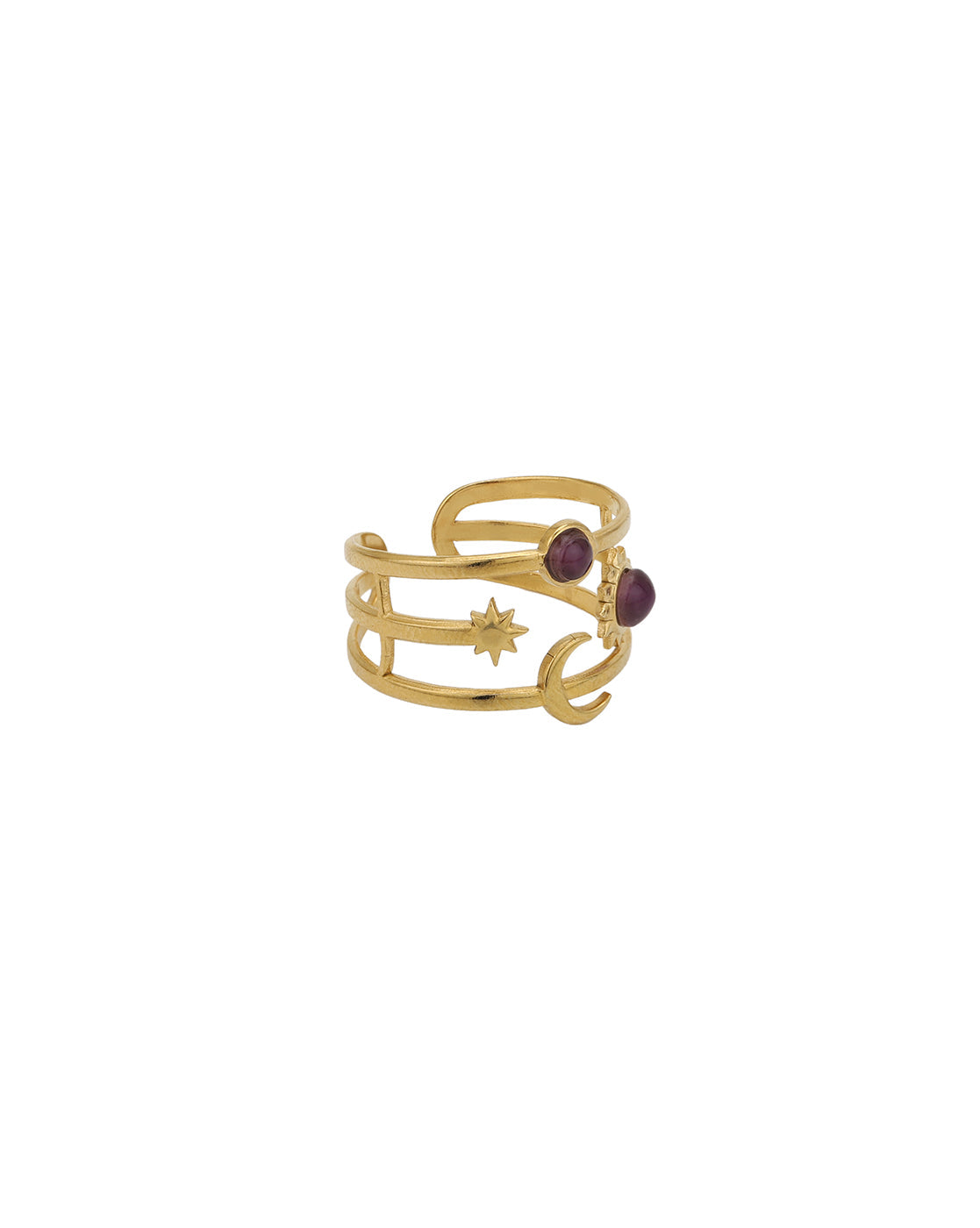 Gold Plated Multi Layered Blue Glass Bead Moon and Star Adjustable Ring