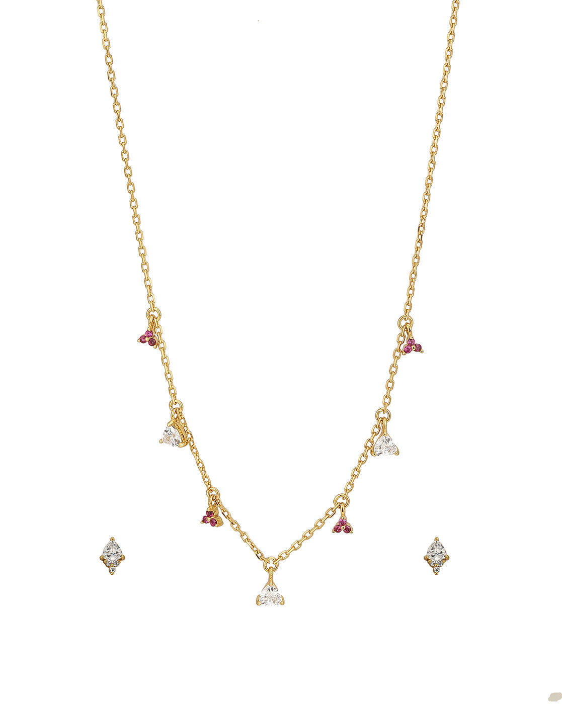 18Kt Gold Plated With Dangling Solitaire Ruby Red Cz Studded Necklace With Earring Set For Women