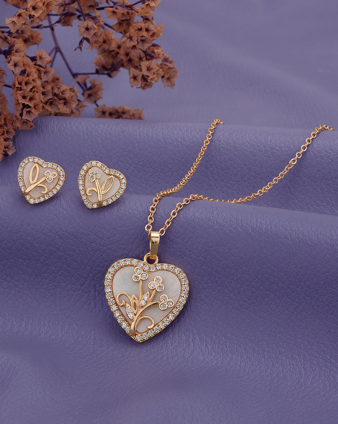 2 Toned Plated with CZ Heart Floral Pendant and Earring Set