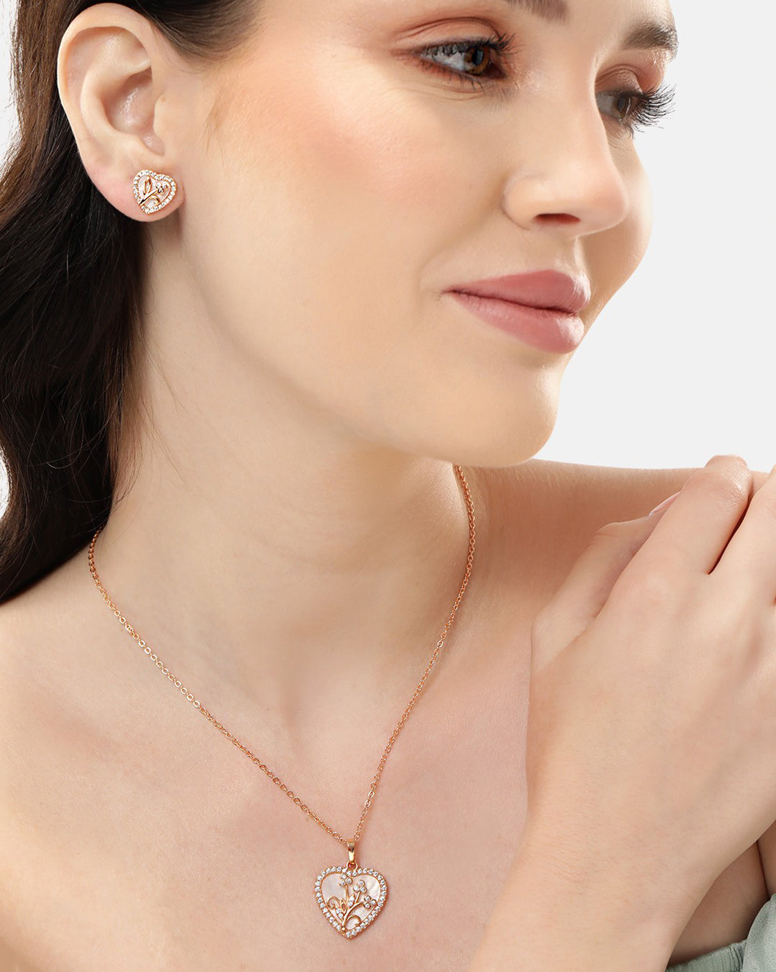 2 Toned Plated with CZ Heart Floral Pendant and Earring Set