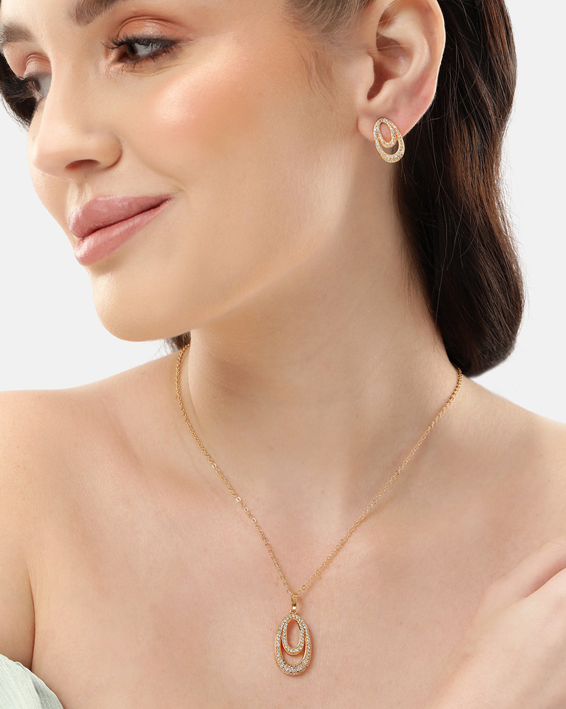 Gold Plated with CZ Oval Pendant and Earring Set