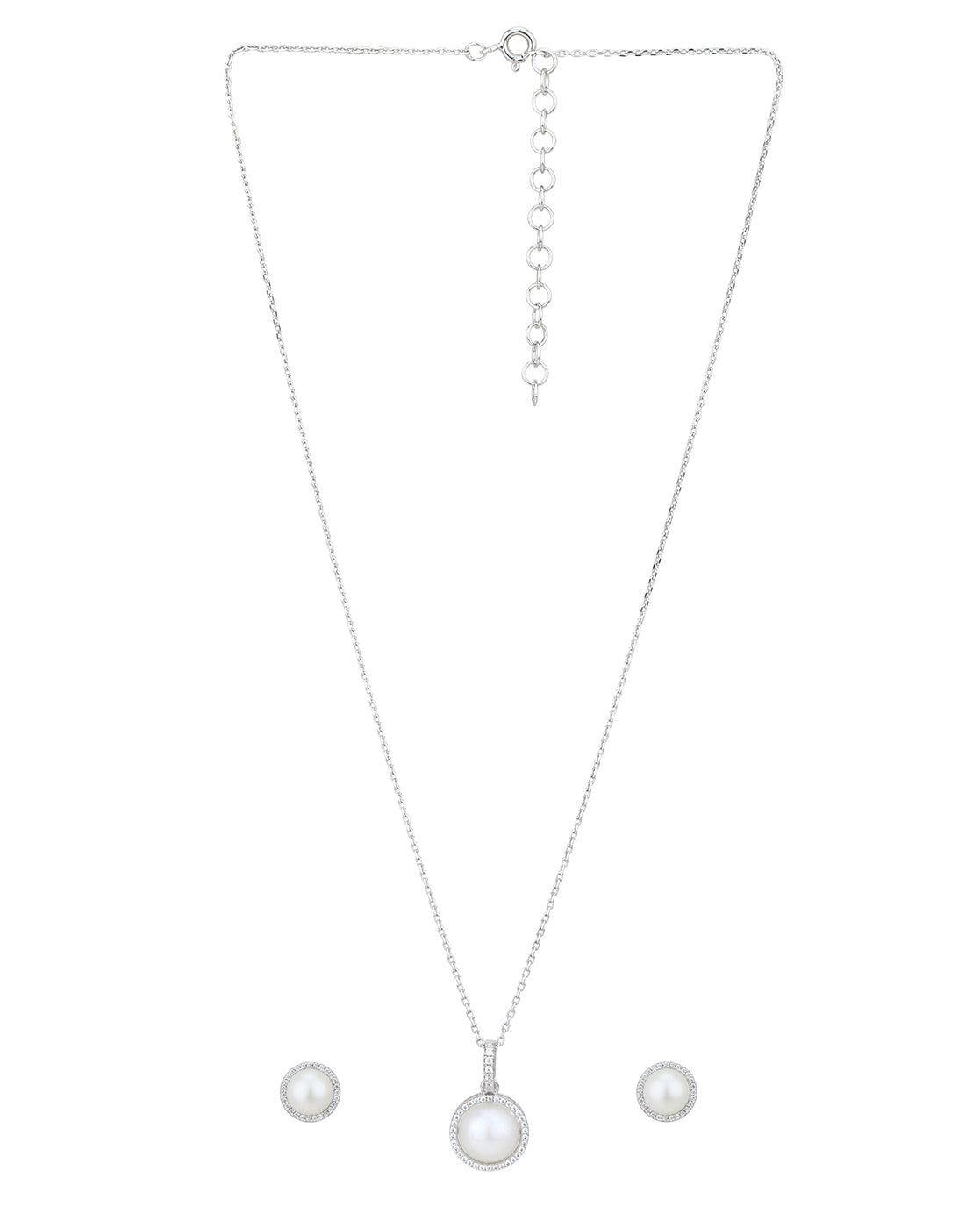 Rhodium Plated CZ with Pearl Stud &amp; Necklace Set