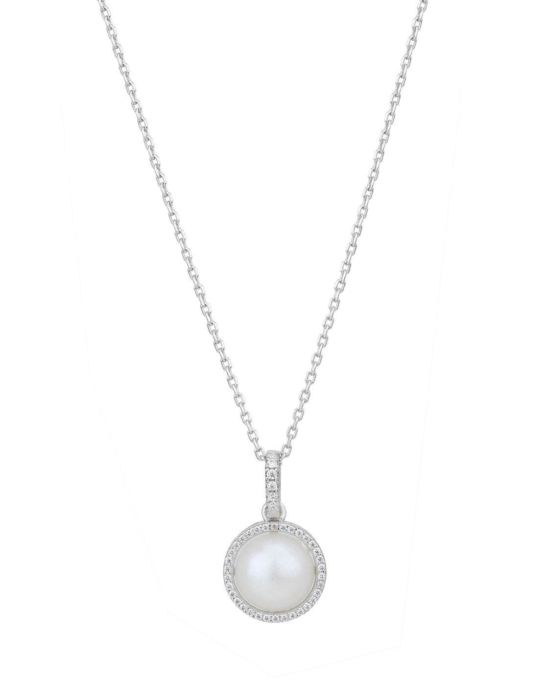 Rhodium Plated CZ with Pearl Stud &amp; Necklace Set