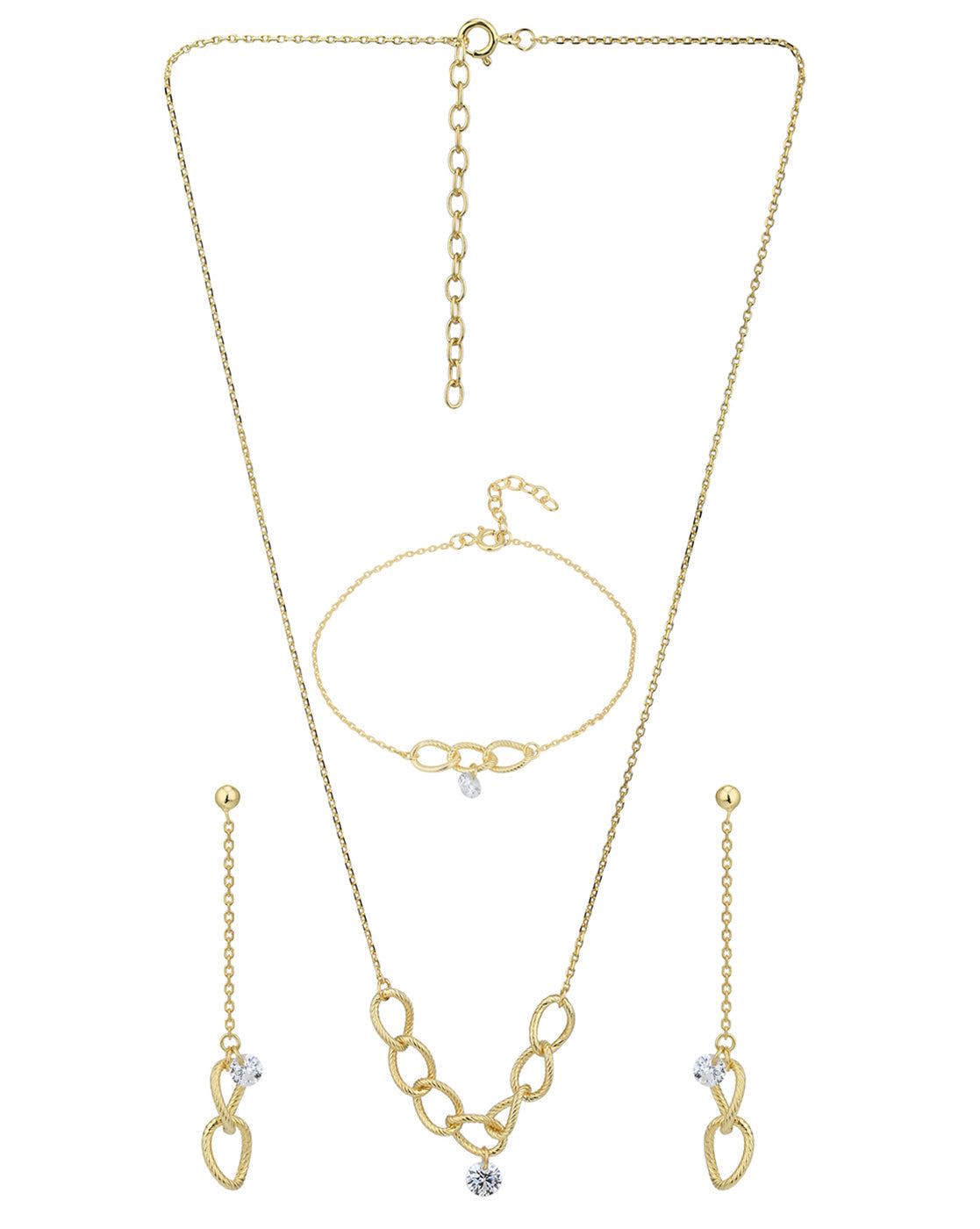 18kt Gold Plated CZ Link Bracelet with Earring and Necklace Set