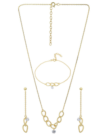 18kt Gold Plated CZ Link Bracelet with Earring and Necklace Set
