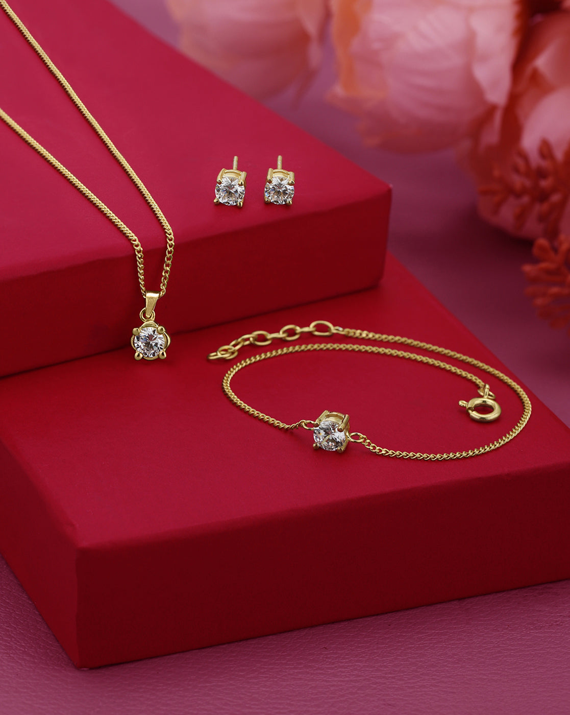 18kt Gold Plated CZ Dangling Solitaire Fancy Jewellery Set