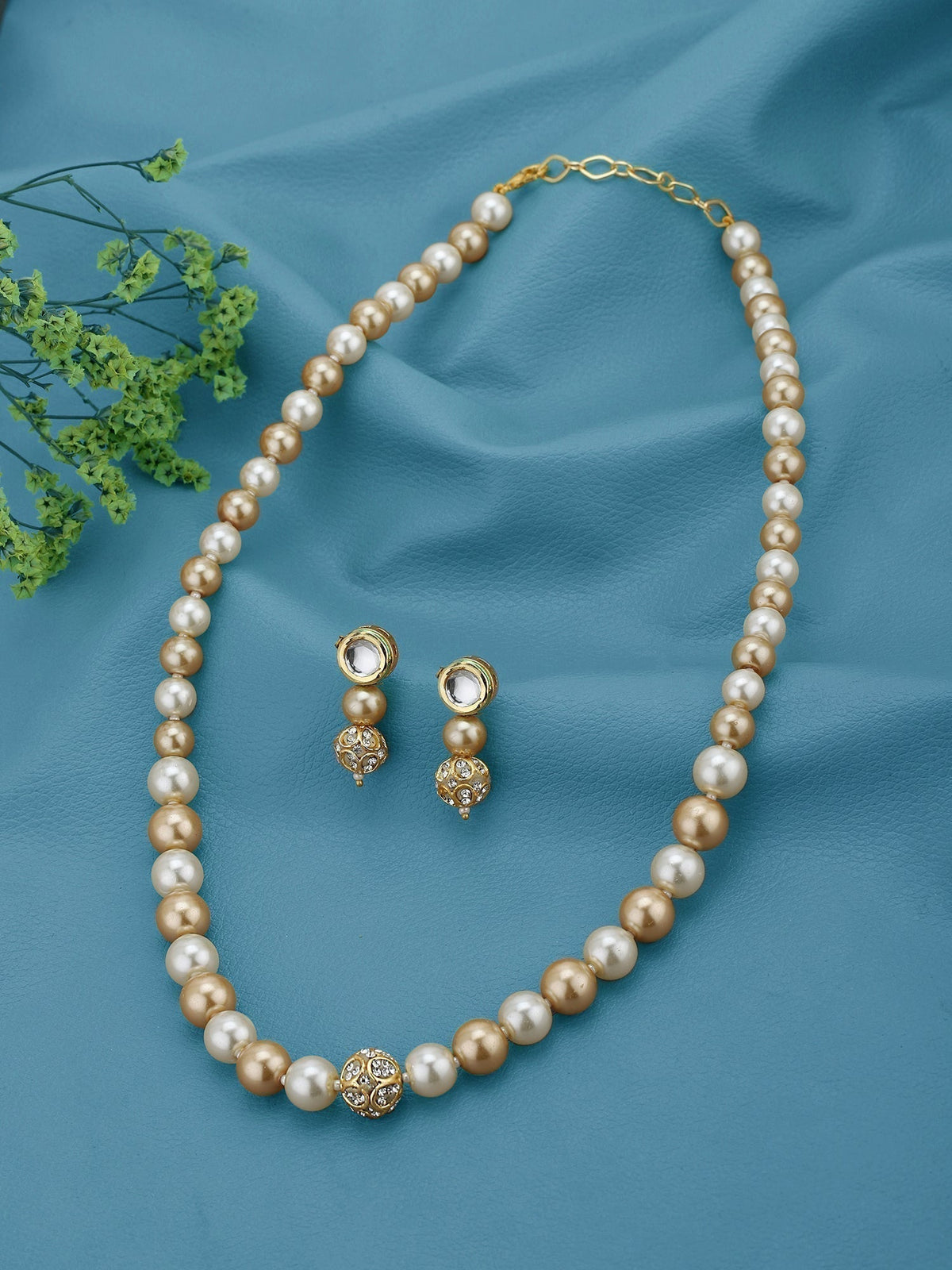 Gold Plated Multi Colour Pearl Beaded and CZ Jewellery Set