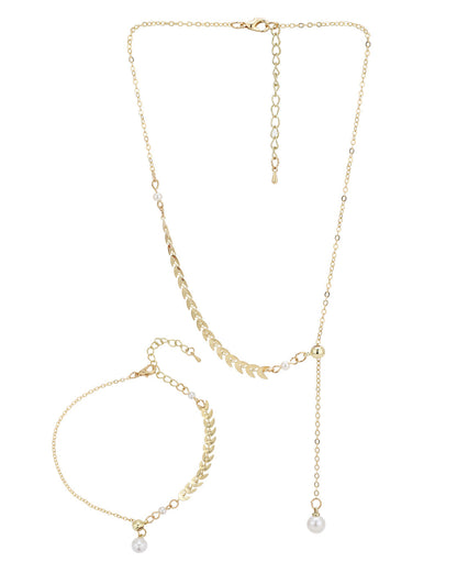 Gold Plated Dangling Pearl Lariat Necklace and Bracelet Set