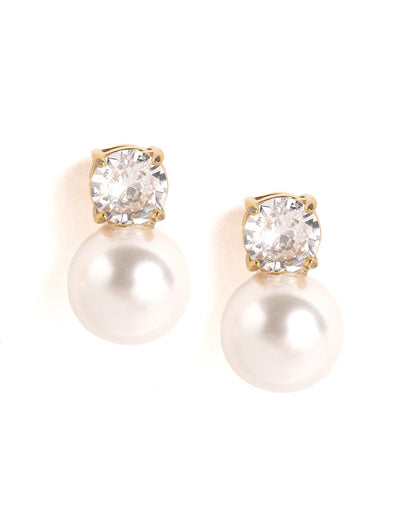 18kt Gold Plated Solitaire CZ Pearl Necklace and Drop Earring Set