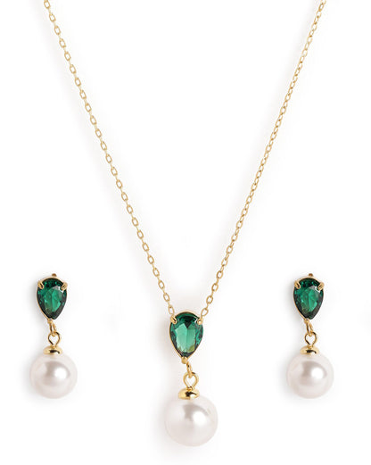 18kt Gold Plated Green CZ Pearl Necklace and Drop Earring Set