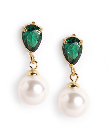 18kt Gold Plated Green CZ Pearl Necklace and Drop Earring Set