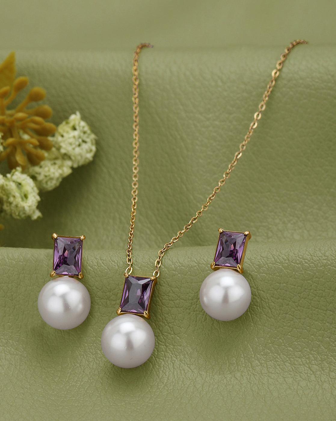 18kt Gold Plated Lavender CZ Pearl Necklace and Drop Earring Set
