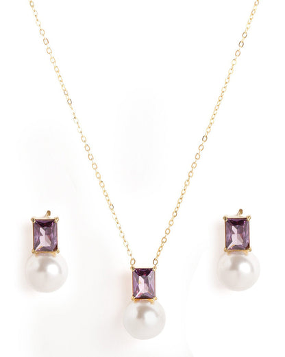18kt Gold Plated Lavender CZ Pearl Necklace and Drop Earring Set